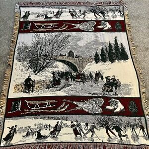 Vtg Crown Crafts Christmas Winter Ice Skate Tapestry Woven Throw Blanket 59"x49"